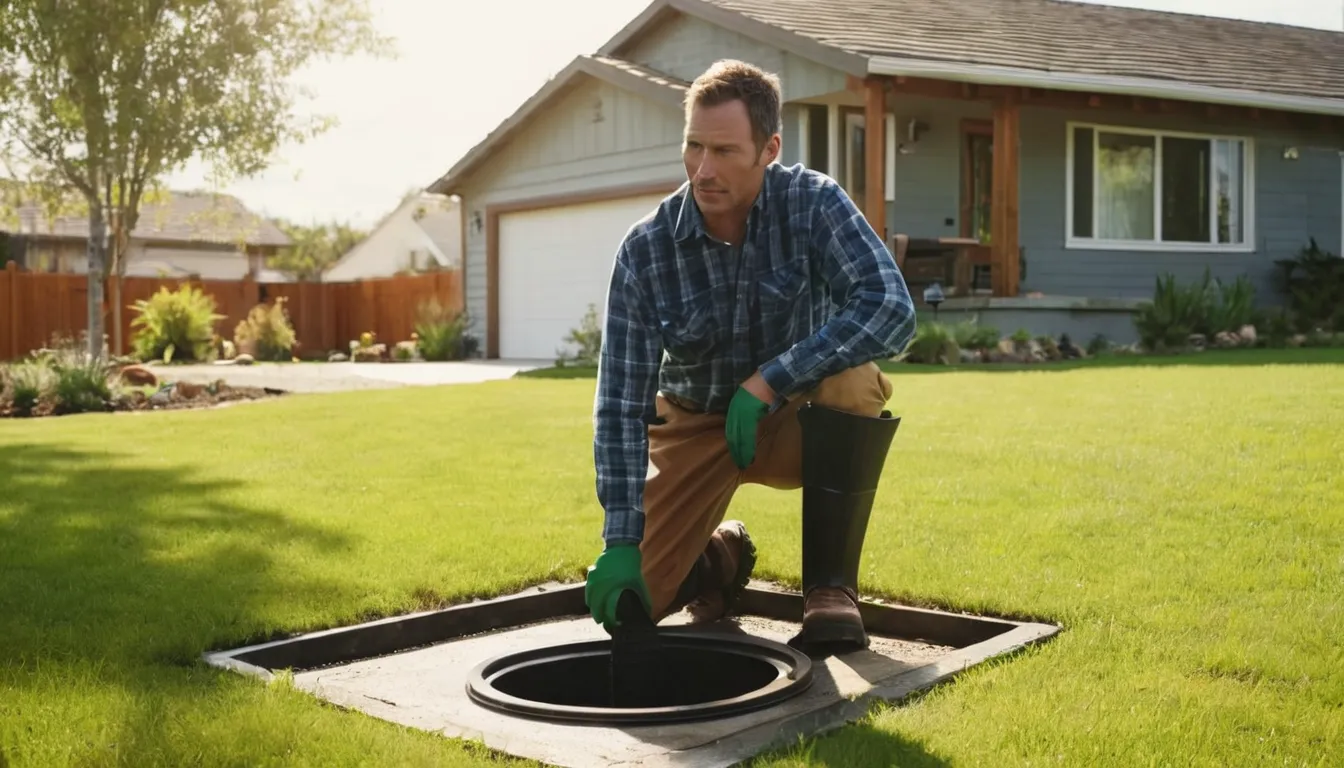 A local septic provider inspecting an open tank lid in a residential yard in the St. Louis area